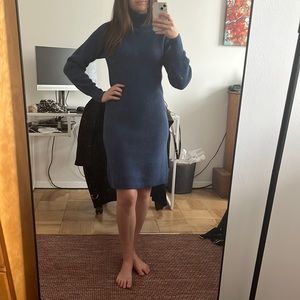Blue sweater dress with turtleneck